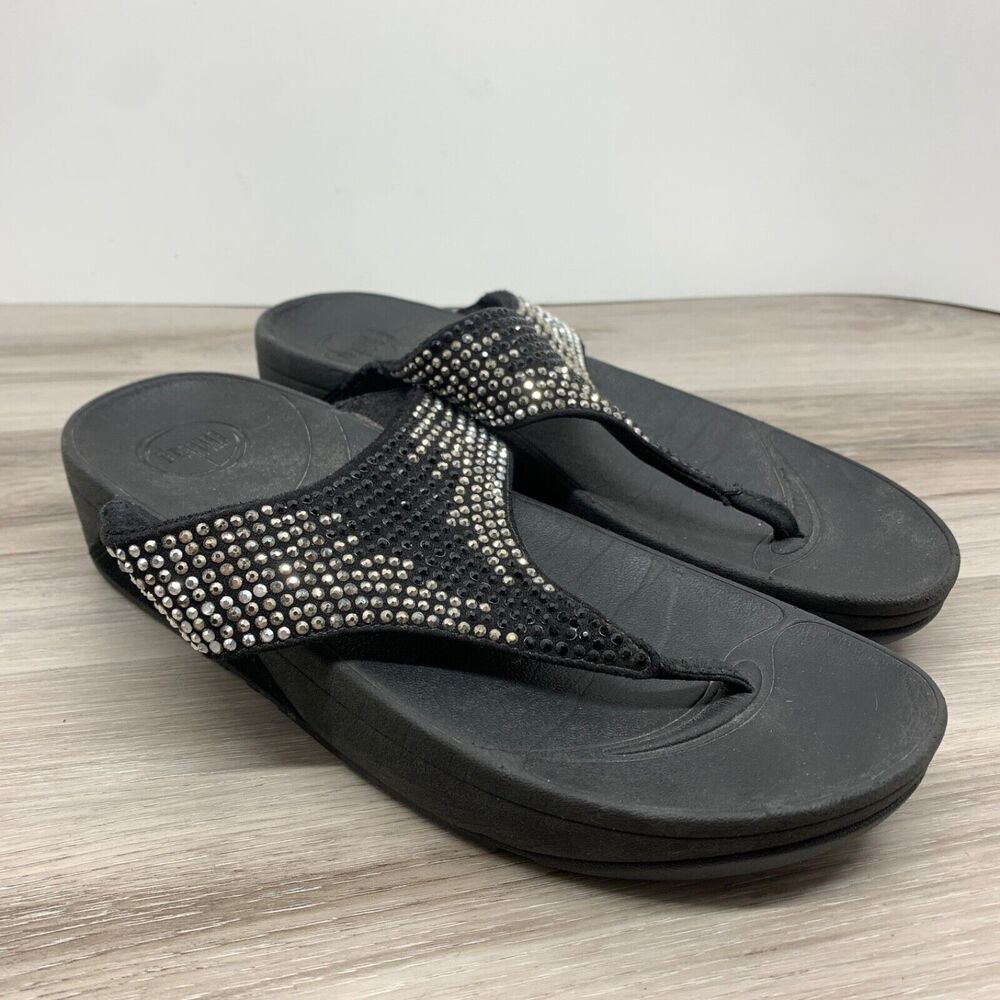 FitFlop Womens Rokkit Black Rhinestone Thong Sandals Size‎ 8 Wedge Comfort